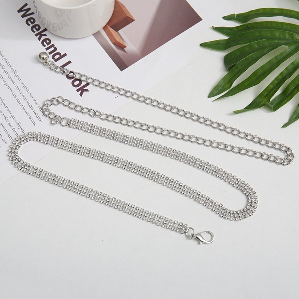 2/$30  Rhinestone Three-Row Chain Belt Silver-Tone Body Chain For Dress Tunic - Picture 4 of 5